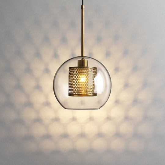 Modern Clear Glass Orb Pendant Light With Mesh Cage - 1 Head Hanging Ceiling Lighting