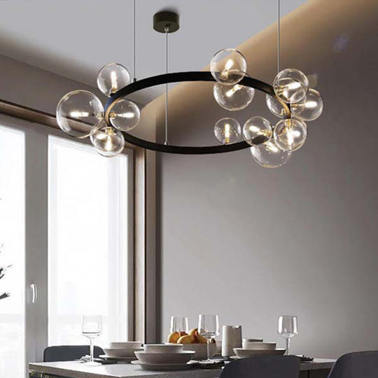Lustre suspendu noir minimaliste avec orbe en verre transparent - Luminaire idéal pour la salle à manger