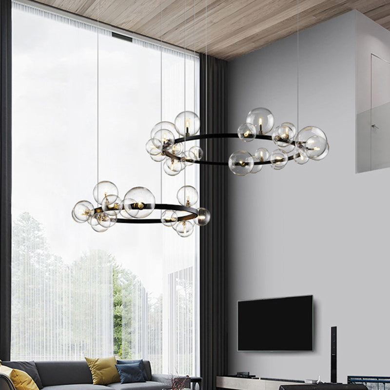 Lustre suspendu noir minimaliste avec orbe en verre transparent - Luminaire idéal pour la salle à manger