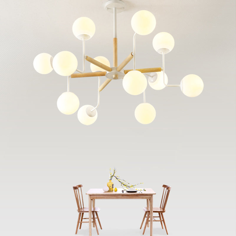 Wood Spherical Pendant Chandelier With Opaline Glass Shade
