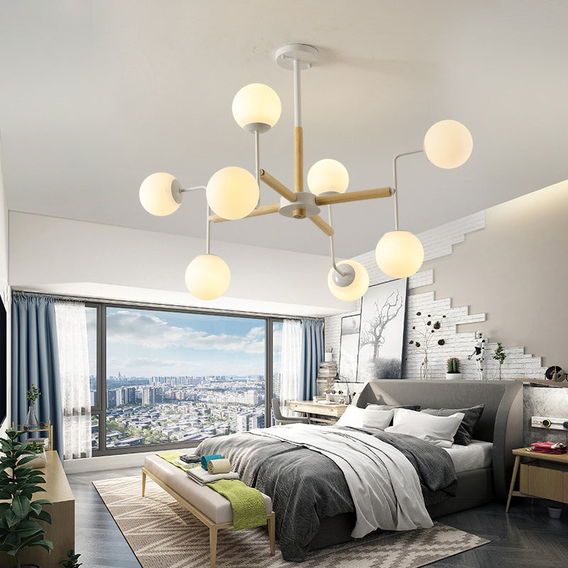 Wood Spherical Pendant Chandelier With Opaline Glass Shade