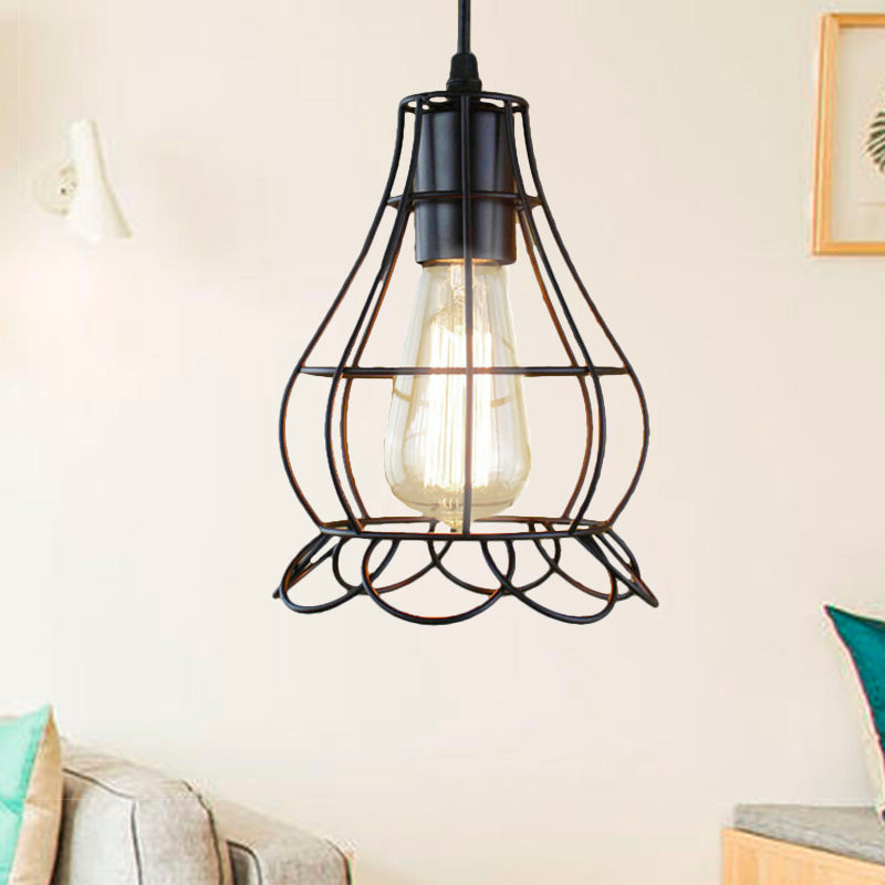 Metal Industrial Pendant Lighting With Flower Cage Shade - Height Adjustable Ceiling Fixture For