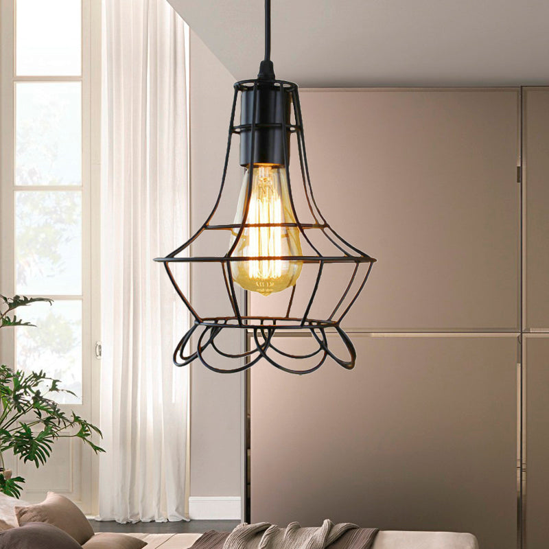 Metal Industrial Pendant Lighting With Flower Cage Shade - Height Adjustable Ceiling Fixture For