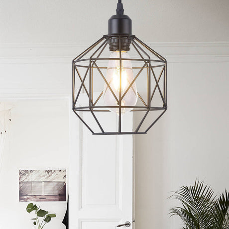 Vintage Black Metal Prism Cage Pendant Lamp For Dining Room