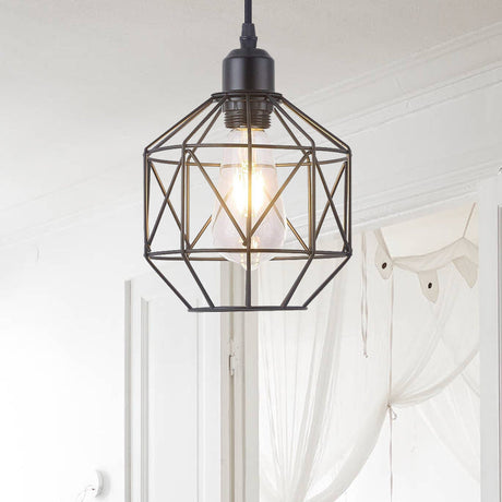 Vintage Black Metal Prism Cage Pendant Lamp For Dining Room