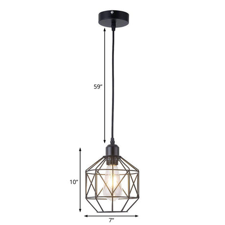 Vintage Black Metal Prism Cage Pendant Lamp For Dining Room