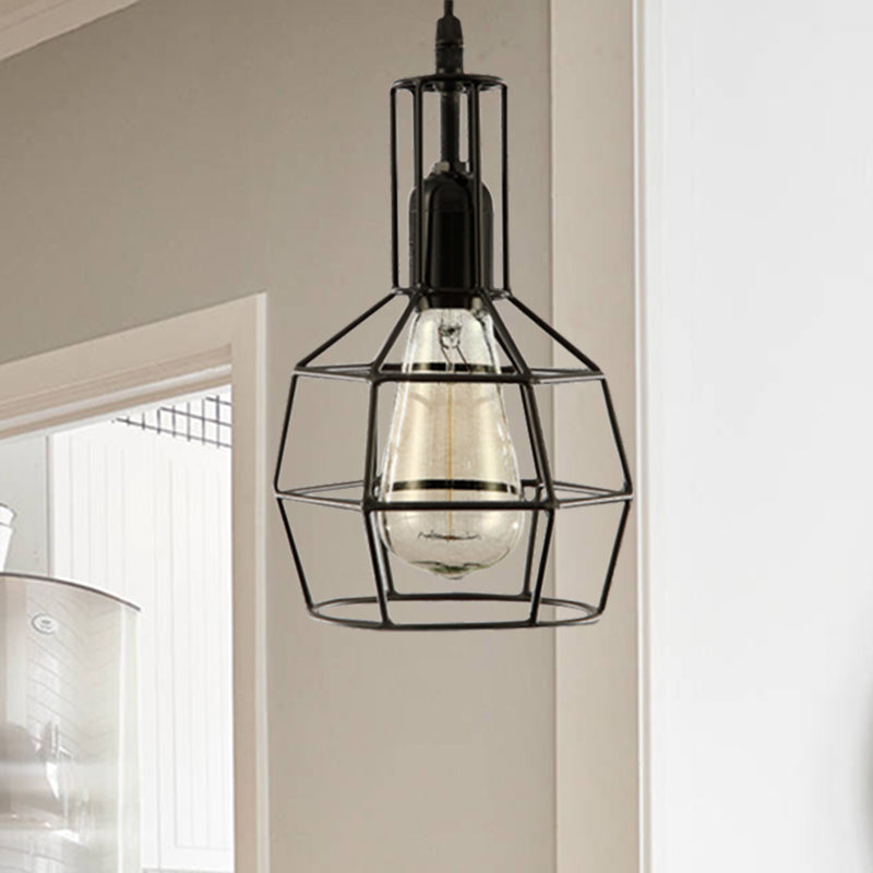 Retro Black Metal Prism Cage Pendant Ceiling Light Stylish Hanging Fixture For Living Room