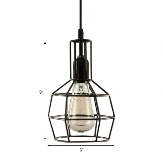 Retro Black Metal Prism Cage Pendant Ceiling Light Stylish Hanging Fixture For Living Room