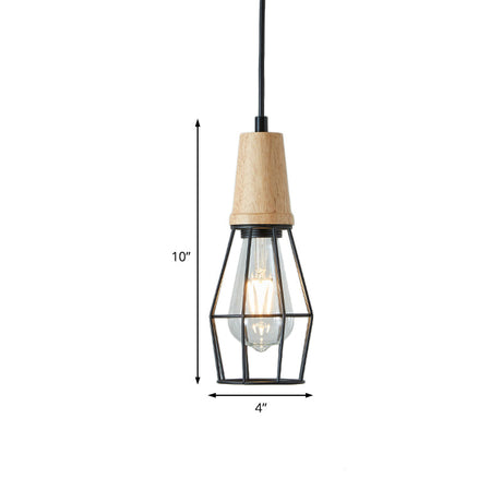 Industrial Style 1-Light Ceiling Pendant Lamp With Geometric Cage Design Wooden Top In