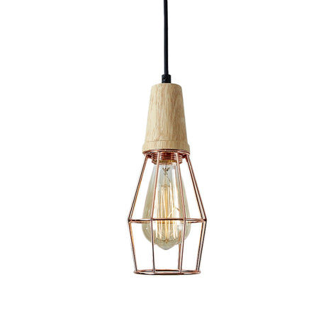 Industrial Style 1-Light Ceiling Pendant Lamp With Geometric Cage Design Wooden Top In