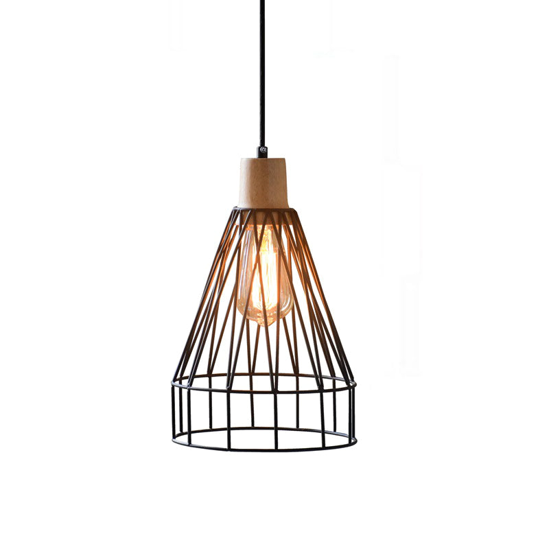 Modern Geometric Wire Cage Pendant Light With Wooden Top 1-Light Black