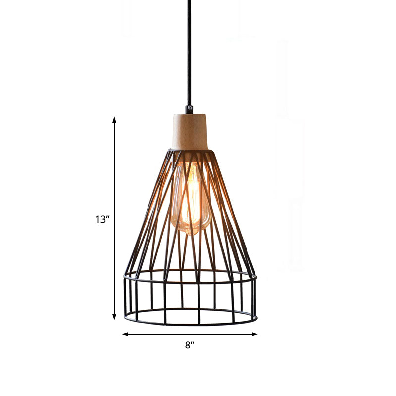 Modern Geometric Wire Cage Pendant Light With Wooden Top 1-Light Black
