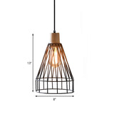 Modern Geometric Wire Cage Pendant Light With Wooden Top 1-Light Black