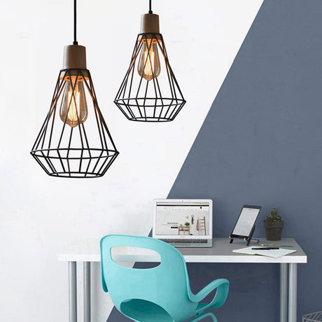 Modern Geometric Wire Cage Pendant Light With Wooden Top 1-Light Black / 12