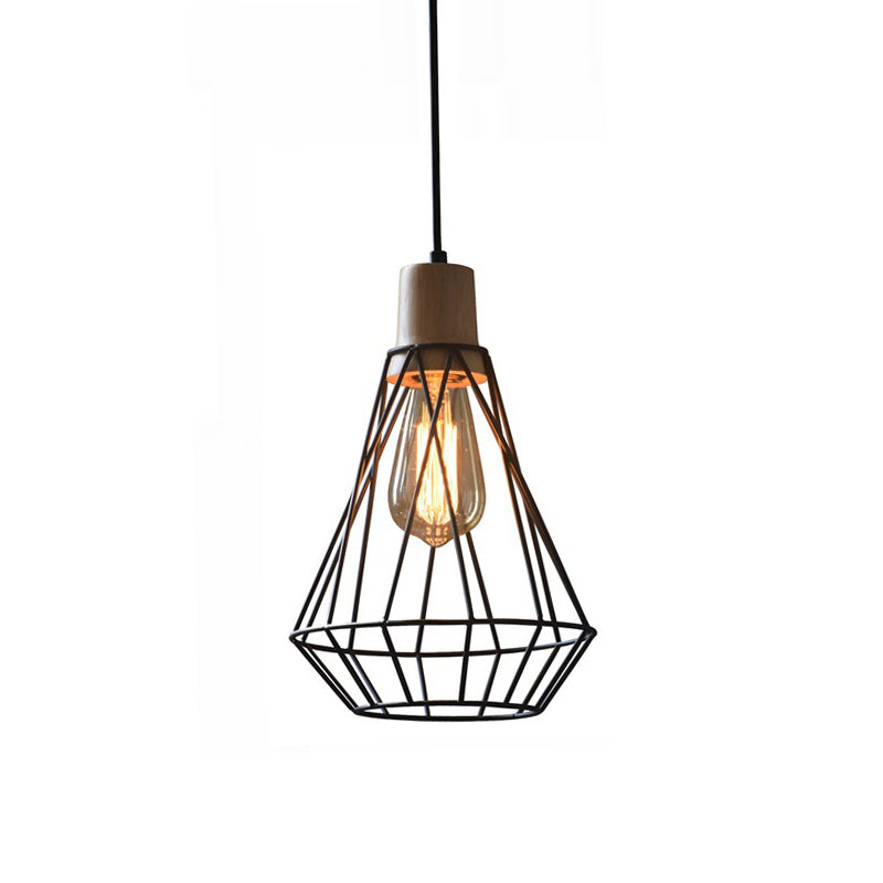 Modern Geometric Wire Cage Pendant Light With Wooden Top 1-Light Black