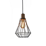 Modern Geometric Wire Cage Pendant Light With Wooden Top 1-Light Black