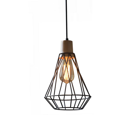 Modern Geometric Wire Cage Pendant Light With Wooden Top 1-Light Black