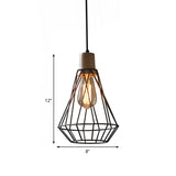 Modern Geometric Wire Cage Pendant Light With Wooden Top 1-Light Black