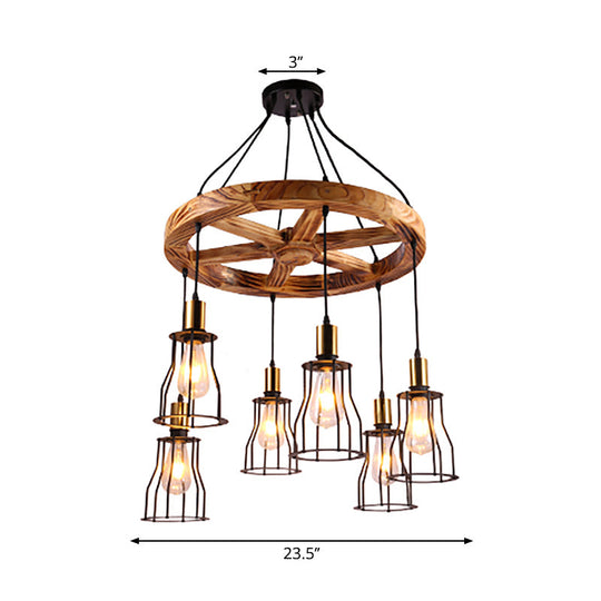 Industrial Wood Bell Cage Pendant Light With Brass Accents - 3/6 Lights For Living Room