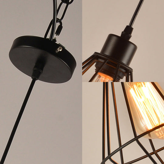 Modern Black Metal Diamond Cage Pendant Light For Restaurants - 1-Light Hanging Lamp Fixture