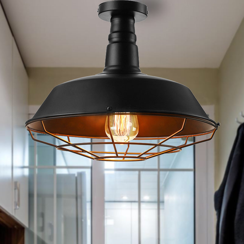 Black Vintage Metal Cage Ceiling Light Semi Flush Mount Indoor 1-Head Lighting With Barn Shade -