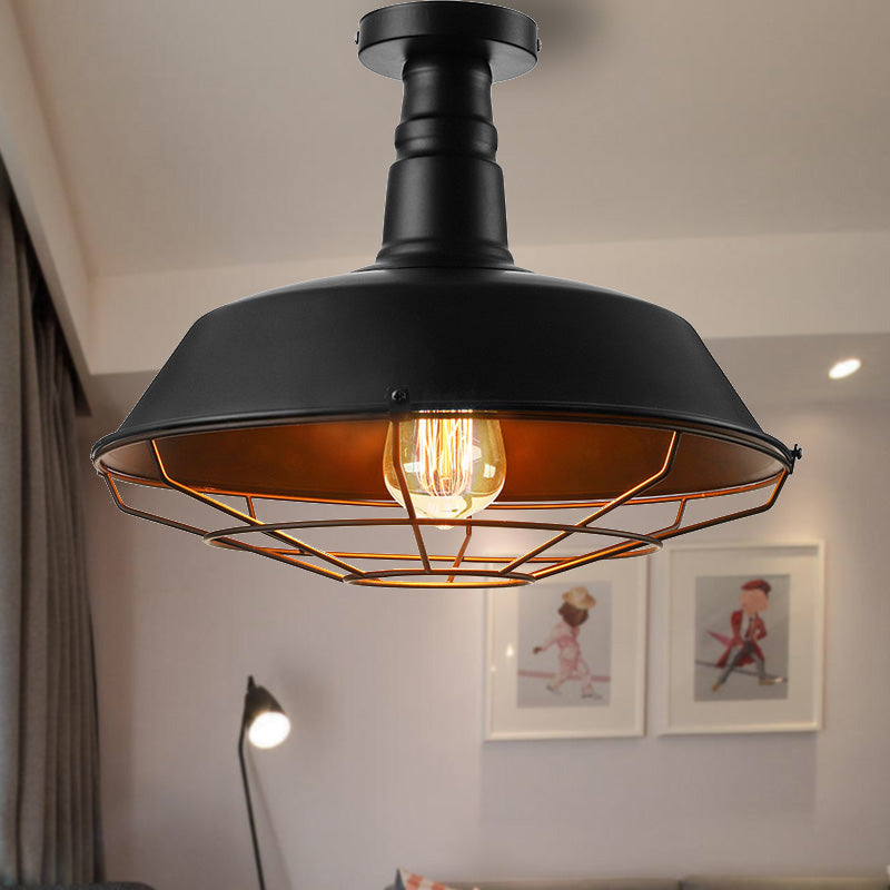 Black Vintage Metal Cage Ceiling Light Semi Flush Mount Indoor 1-Head Lighting With Barn Shade -