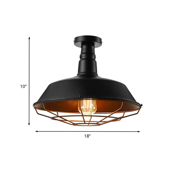 Black Vintage Metal Cage Ceiling Light Semi Flush Mount Indoor 1-Head Lighting With Barn Shade -