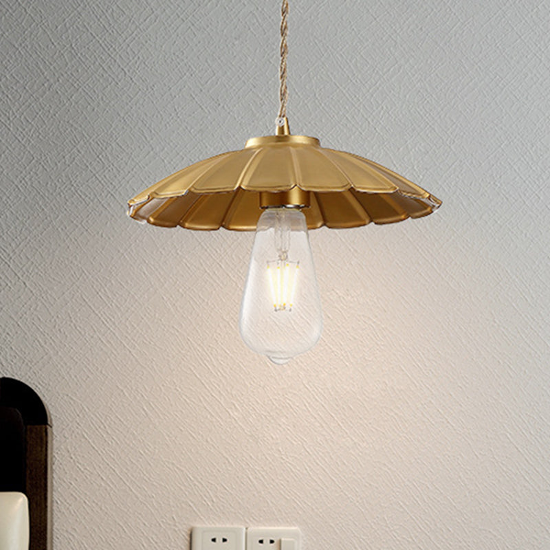 Vintage Brass Cone Pendant Lamp - Adjustable Cord Bedroom Hanging Light 1-Light Metal Fixture