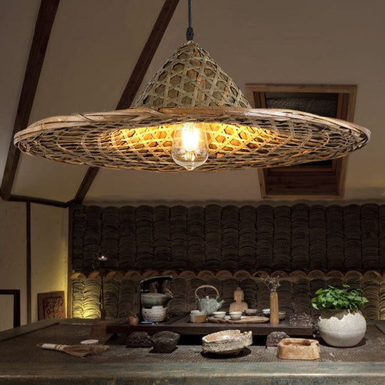 Plafonnier suspendu en forme de chapeau coolie en bambou d'Asie - Lampe suspendue en bois à une ampoule pour restaurants