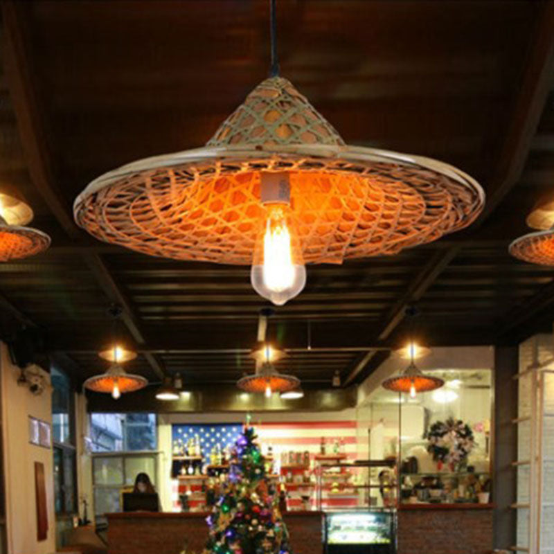 Plafonnier suspendu en forme de chapeau coolie en bambou d'Asie - Lampe suspendue en bois à une ampoule pour restaurants