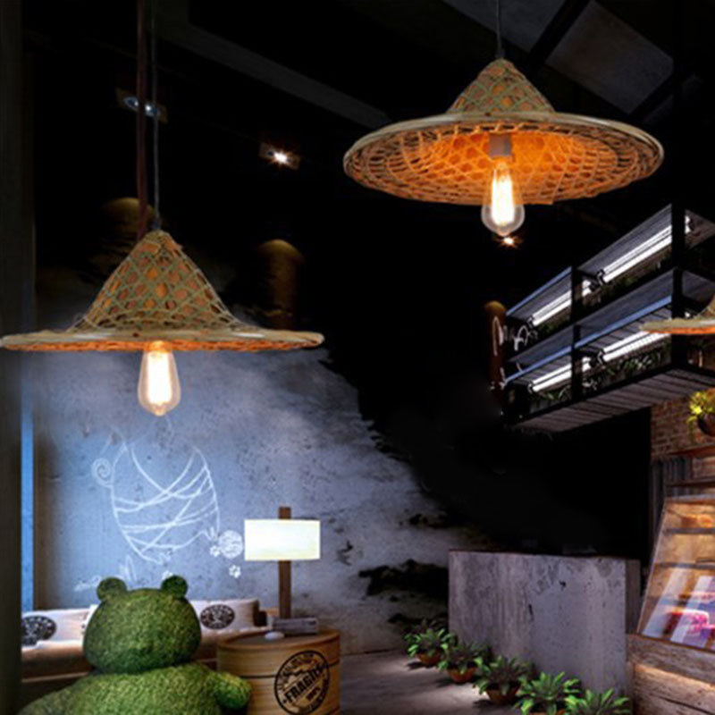 Plafonnier suspendu en forme de chapeau coolie en bambou d'Asie - Lampe suspendue en bois à une ampoule pour restaurants