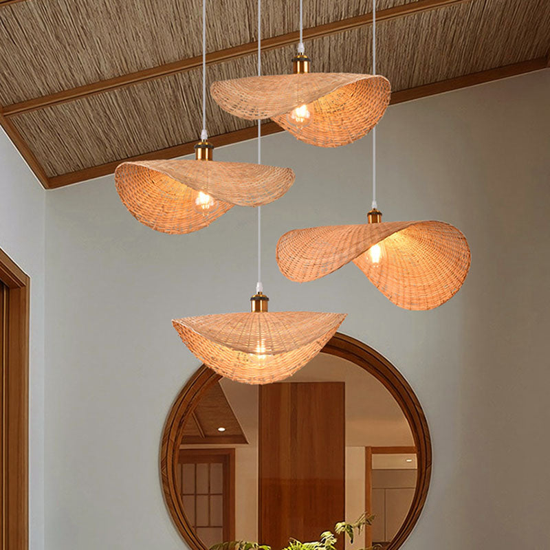 Lampe suspendue asiatique en bambou en forme de feuille de lotus à 1 lampe - Kit de lampe suspendue en bois pour restaurant