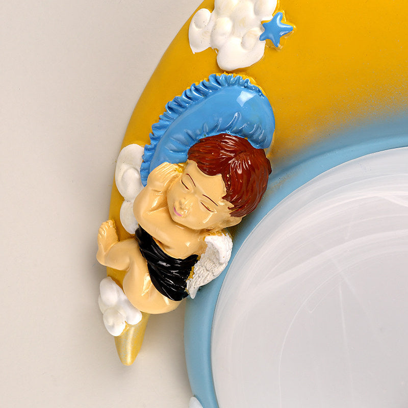 Little Angel Resin Crescent Flush Mount Light - Modern Ceiling Lamp For Kid Bedroom