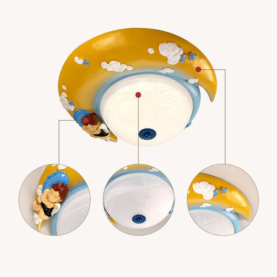 Little Angel Resin Crescent Flush Mount Light - Modern Ceiling Lamp For Kid Bedroom