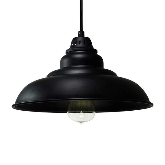 Barn Shade Industrial Metal Pendant Light Fixture - Single Bulb Hanging Lamp In Black For Living