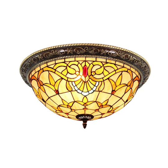 Victorian Stained Glass Half Globe Ceiling Light For Bedroom - Beige 16/19.5 4 Lights Flush Mount