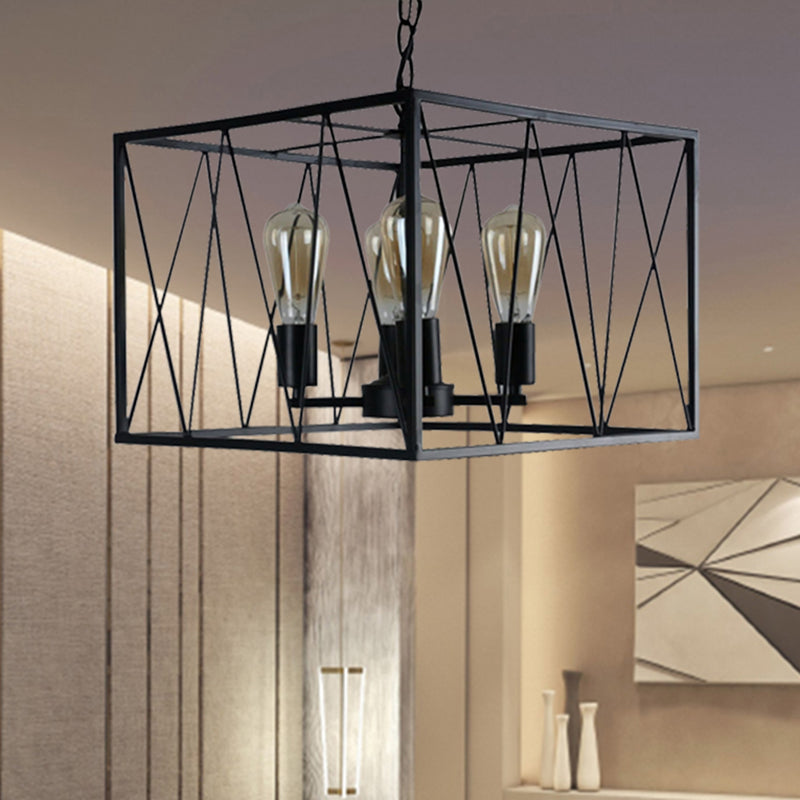Vintage Iron Cuboid Wire Frame Pendant Light Fixture With 4 Heads - Black