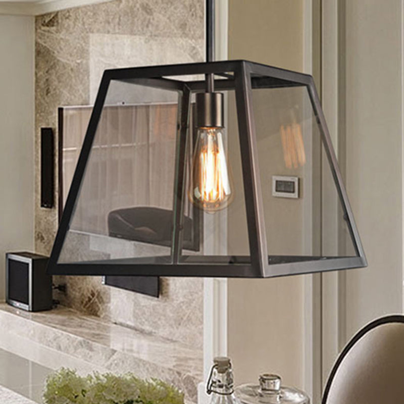 Black Metal And Glass Trapezoid Pendant Light - Traditional Dining Table Suspension Lamp