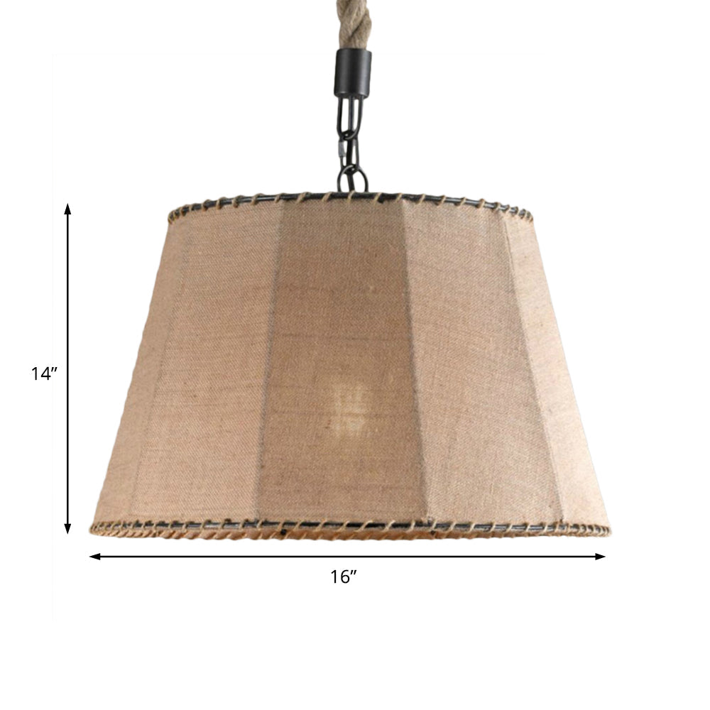 Beige Industrial Tapered Pendant Light With Rope And Fabric Shade