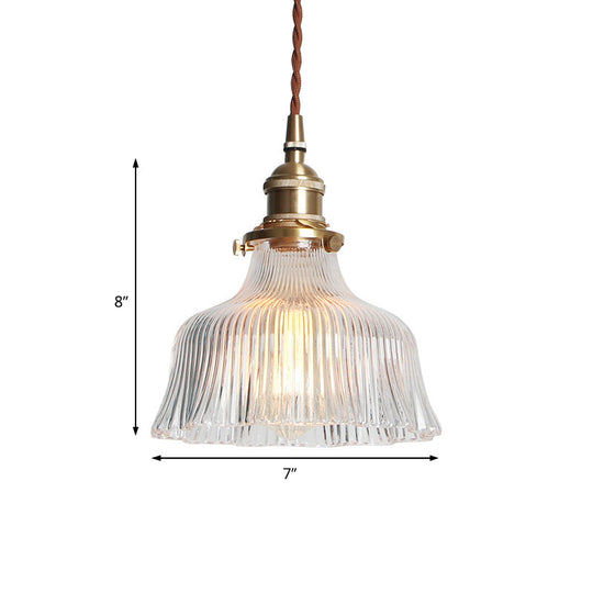 Industrial Clear Textured Glass Pendant Lamp - 1 Light Brass Barn Hanging Indoor 6’/8