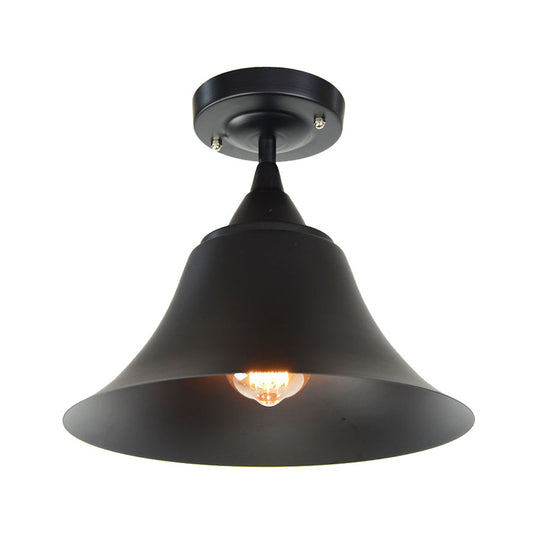 Metal Semi Flush Industrial Ceiling Light Fixture - Single Bulb Black Cone Design For Living Room
