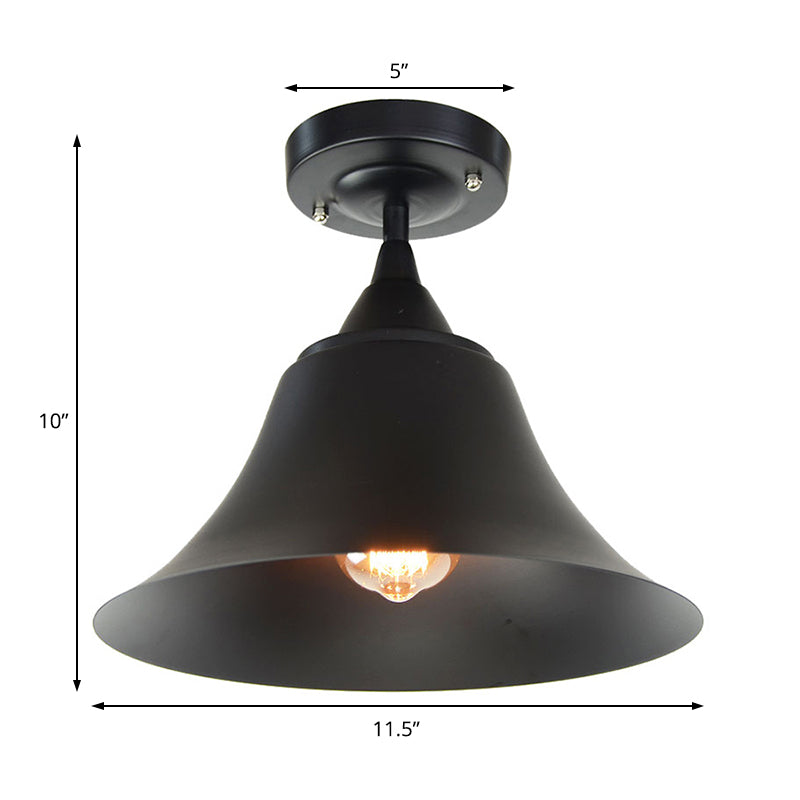 Metal Semi Flush Industrial Ceiling Light Fixture - Single Bulb Black Cone Design For Living Room