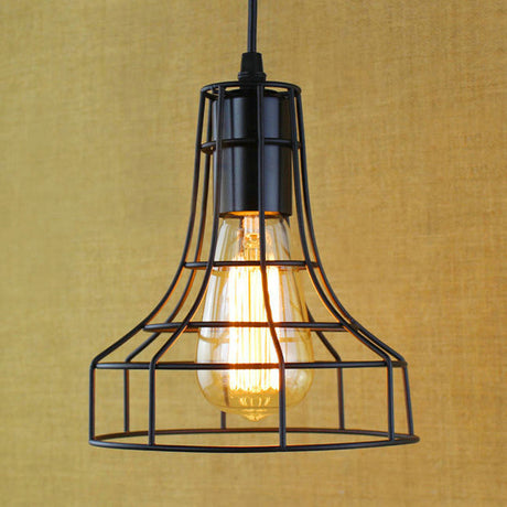 Antique-Style Open Cage Pendant Lamp In Black For Hallway