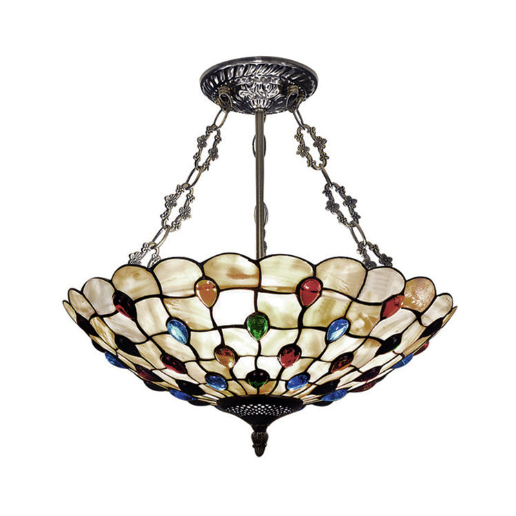 Tiffany Ceiling Light With Jeweled Semi Flush Design - 16’/18’ Diameter 3 Lights Beige Art