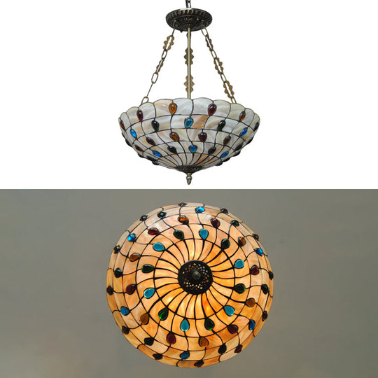 Tiffany Ceiling Light With Jeweled Semi Flush Design - 16’/18’ Diameter 3 Lights Beige Art
