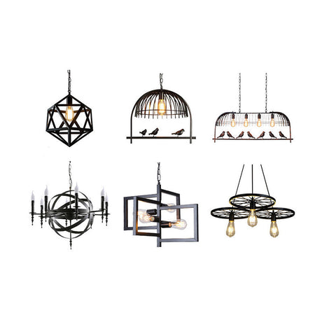 Industrial Black Caged Iron Ceiling Pendant Chandelier With 10 Bulbs - Perfect For Restaurants