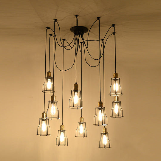 Black Iron Caged Pendant Chandelier - Industrial Multi-Light Fixture For Restaurants (10 Bulbs)