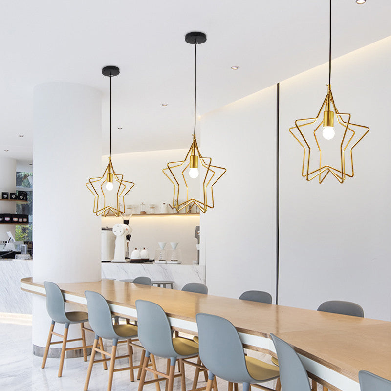 Vintage Gold Metal Star Cage Hanging Light For Dining Room Ceiling Lamp
