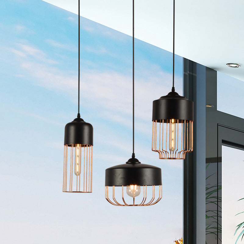 Vintage Geometric Cage Pendant Light - Antique 1-Light Fixture For Dining Room Black