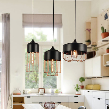 Geometric Cage Pendant Light - Antique Black Iron Ideal For Dining Room Décor